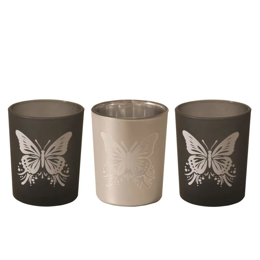 Aroma Black & Silver Butterfly 3 Tealight & Votive Holder Set