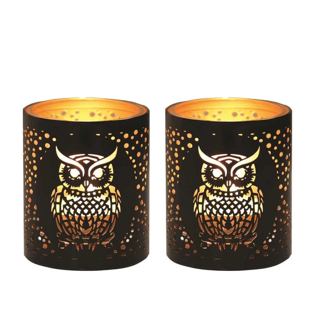 Aroma Black & Gold Owl 2 Tealight & Votive Holder Set