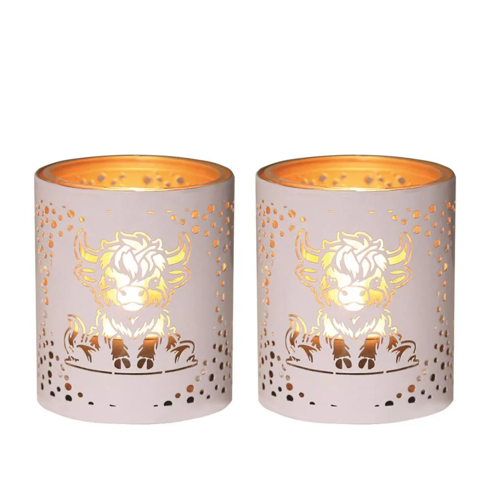 Aroma White & Gold Highland Cow 2 Tealight & Votive Holder Set