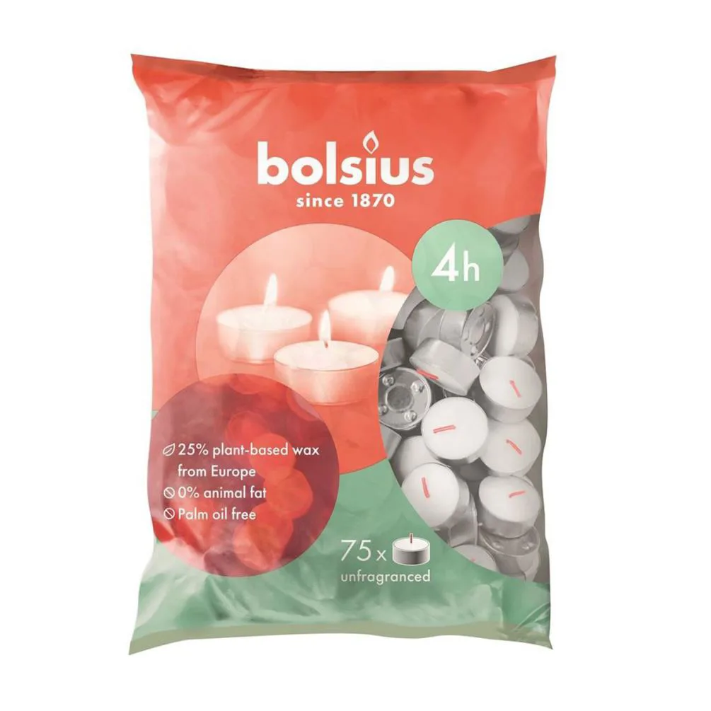 Bolsius White 4 Hour Tealights (Pack of 75)