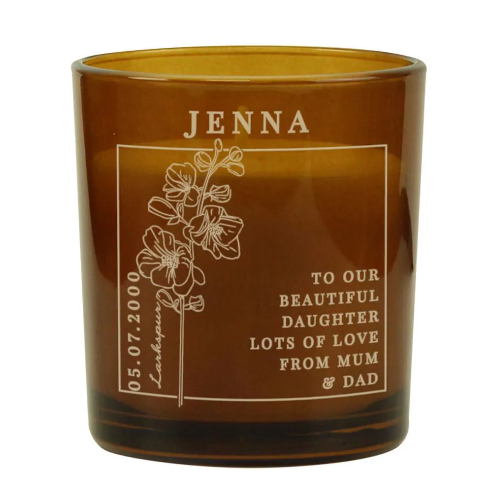 Personalised July Larkspur Birth Flower Amber Glass Jar Candle