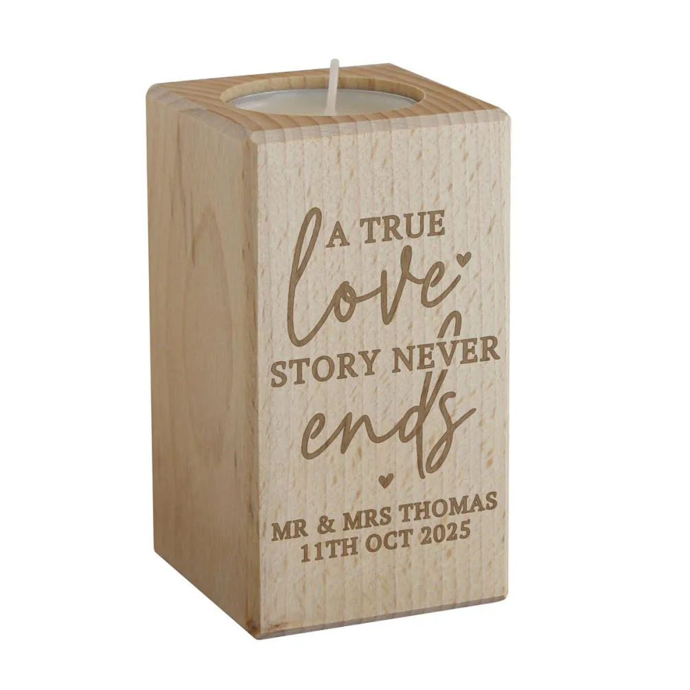 Personalised Love Story Wooden Tealight Holder
