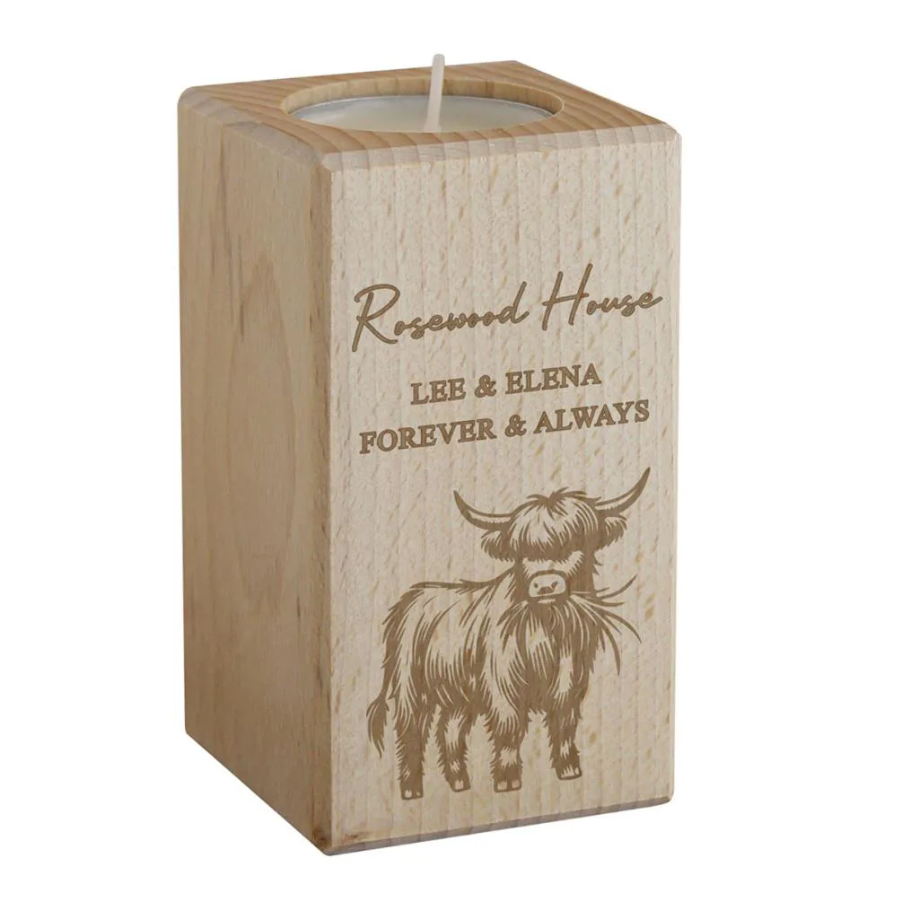 Personalised Highland Cow Wooden Tealight Holder