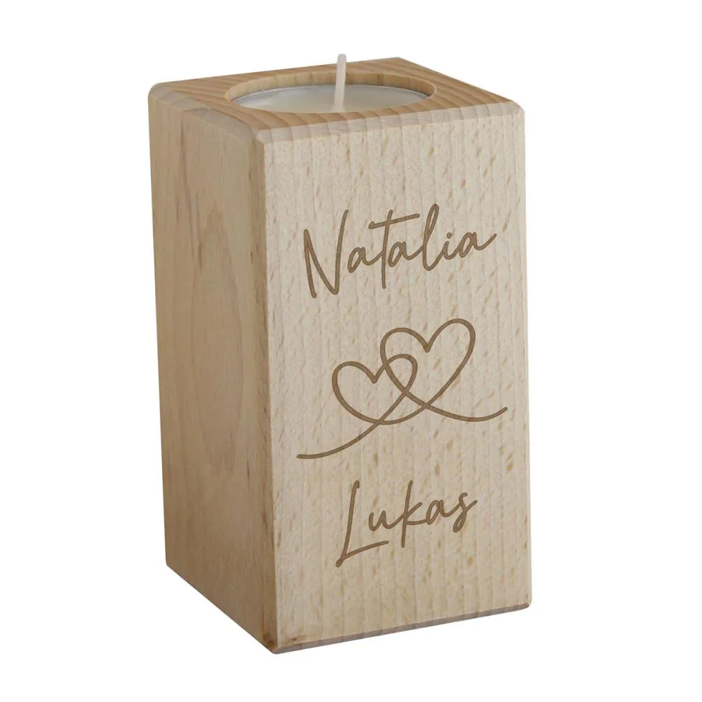 Personalised Engraved Hearts Wooden Tealight Holder