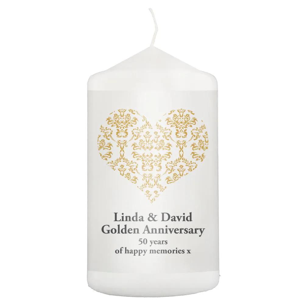Personalised Gold Damask Heart Pillar Candle