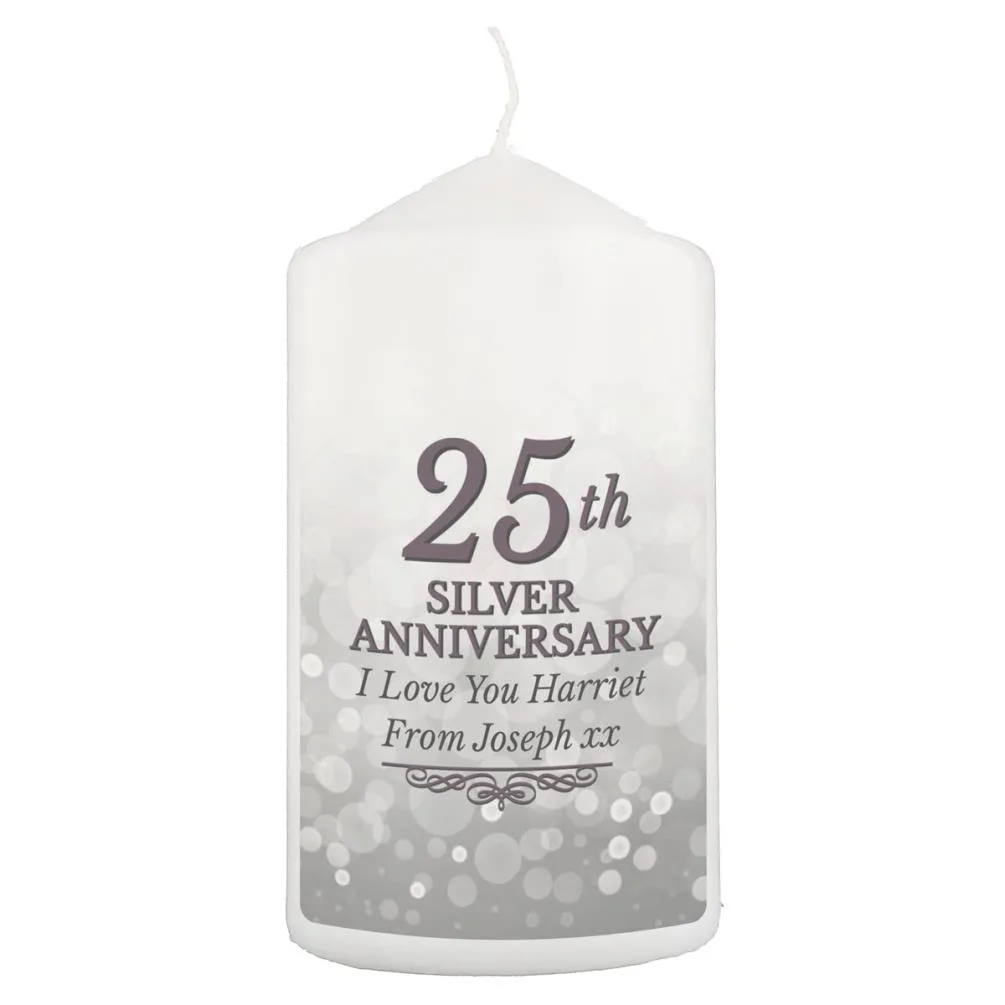 Personalised 25th Silver Anniversary Pillar Candle
