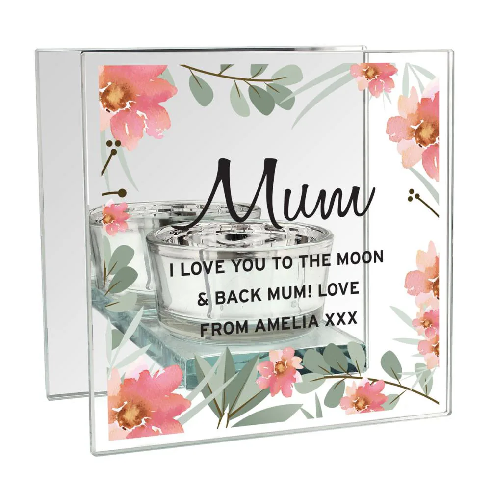 Personalised Floral Mirrored Glass Tea Light Holder