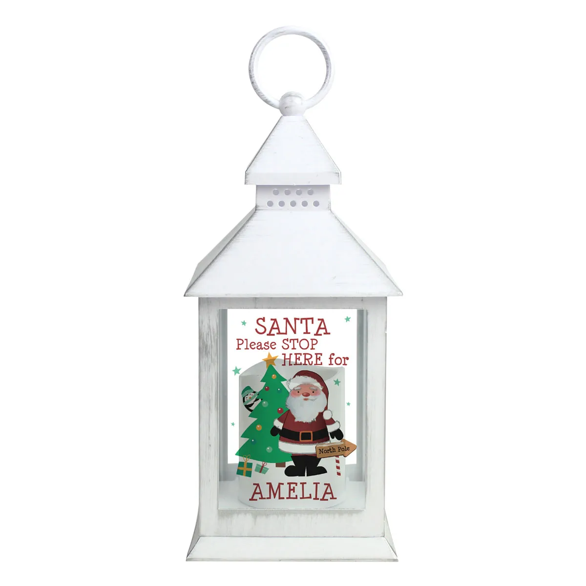 Personalised Santa Stop Here LED White Lantern