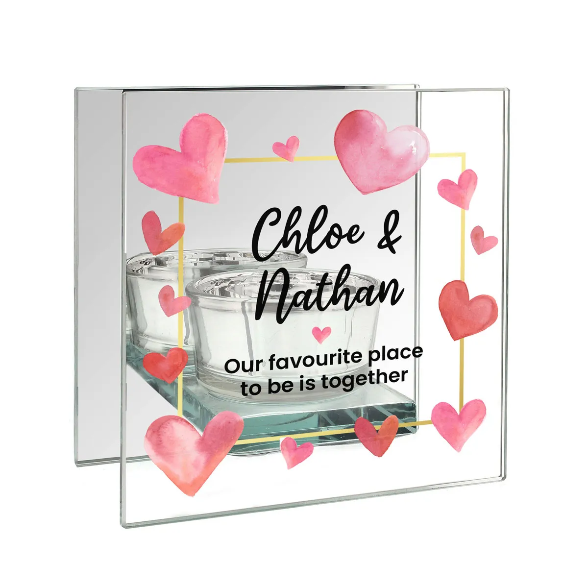 Personalised Hearts Mirrored Glass Tea Light Holder