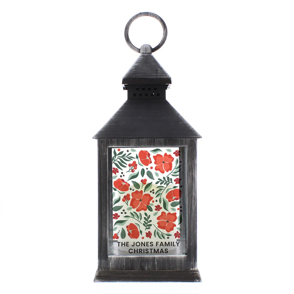 Personalised Poinsettia Black LED Lantern