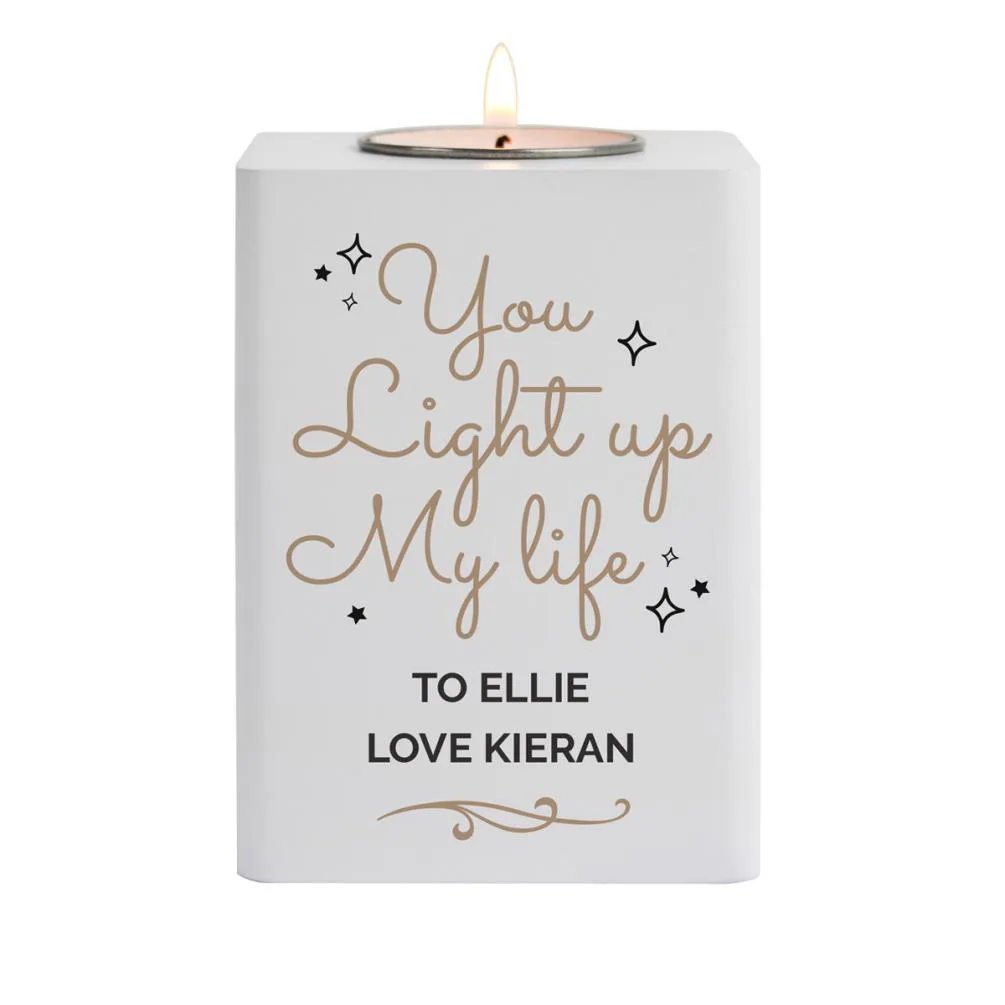 Personalised Light Up My Life White Wooden Tea Light Holder