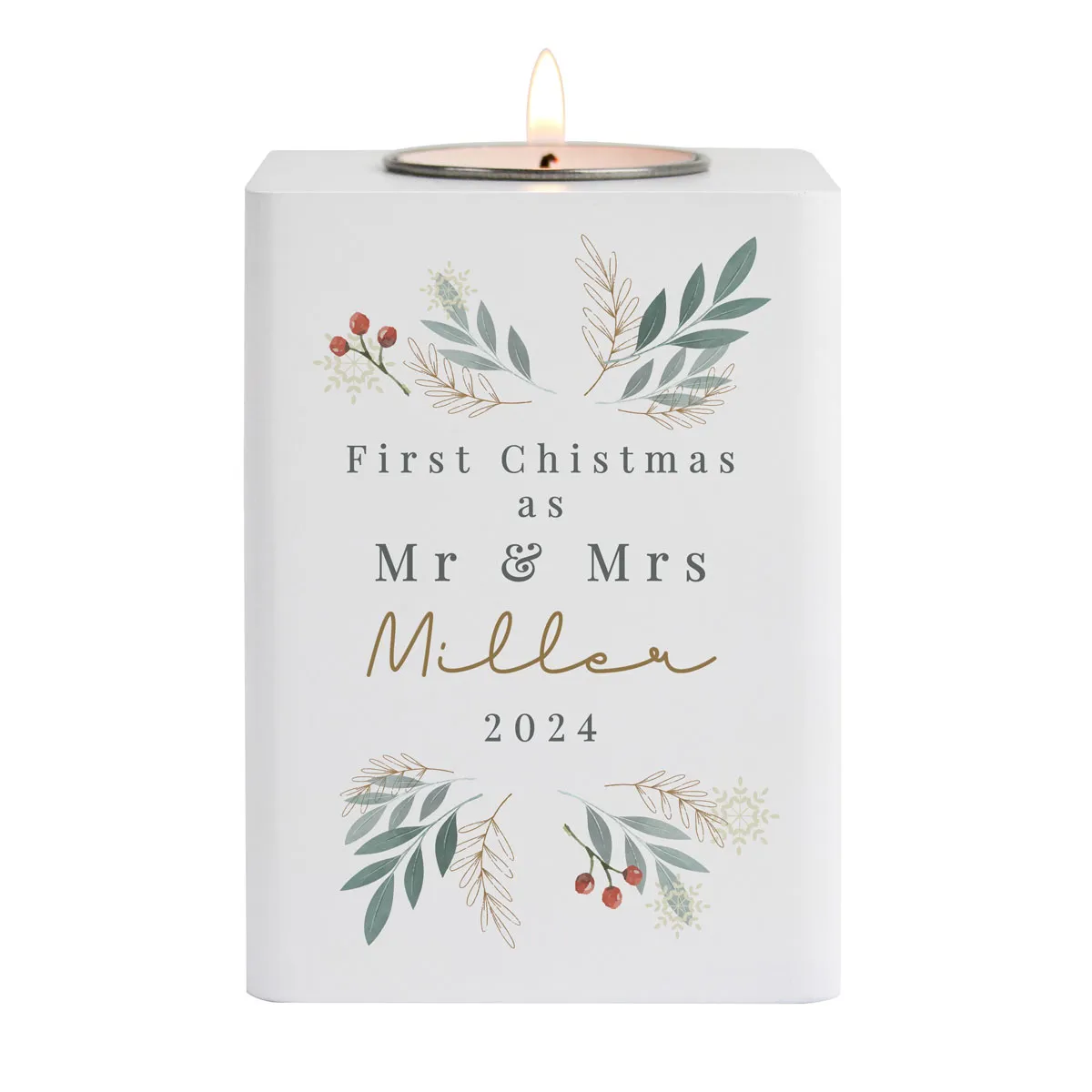 Personalised Christmas Foliage Wooden Tea Light Holder