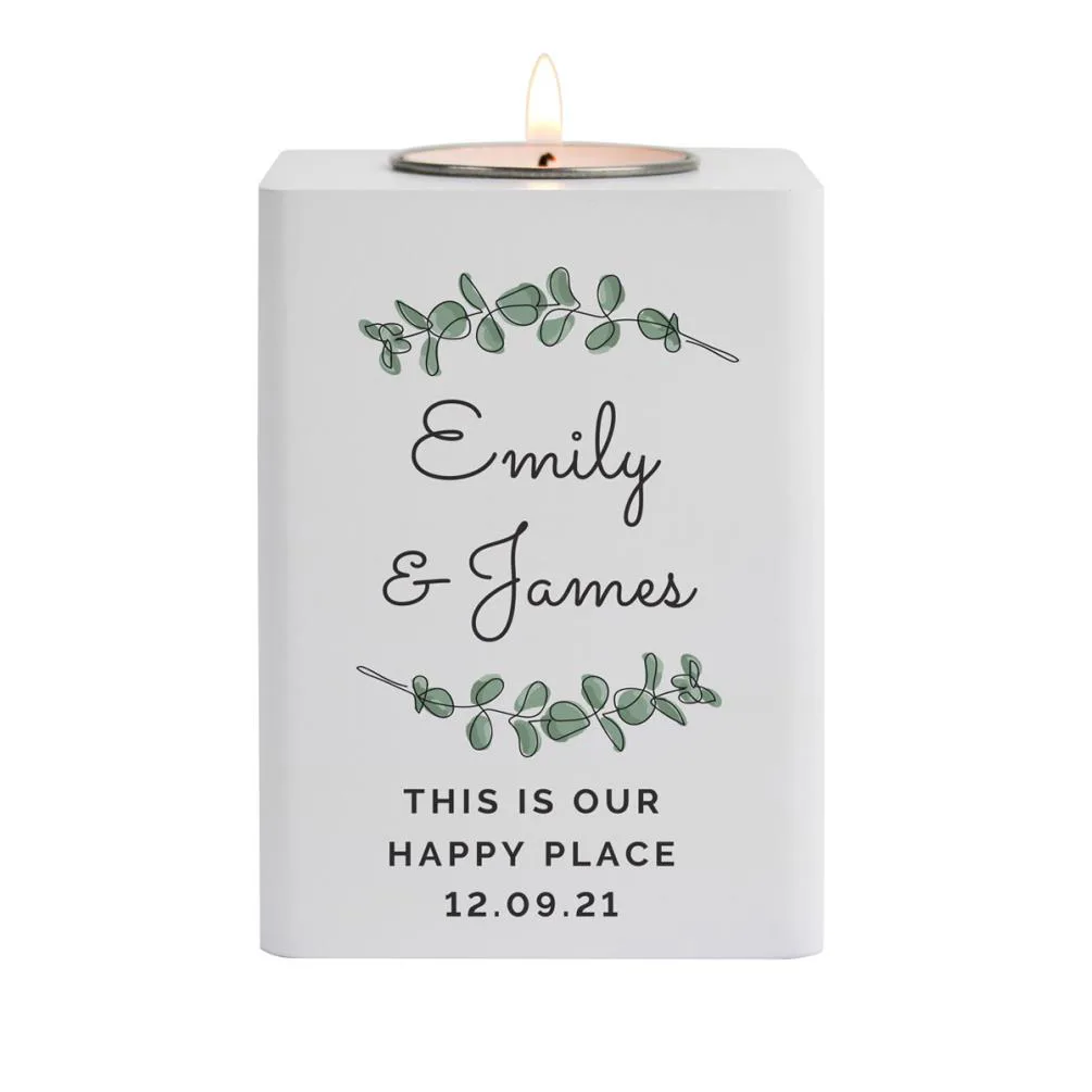 Personalised Botanical White Wooden Tea Light Holder