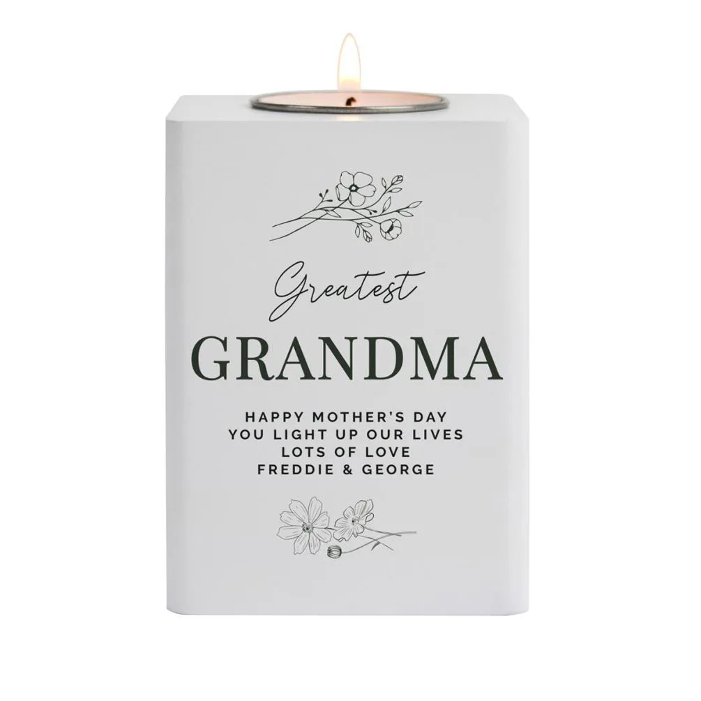 Personalised Floral White Wooden Tea Light Holder
