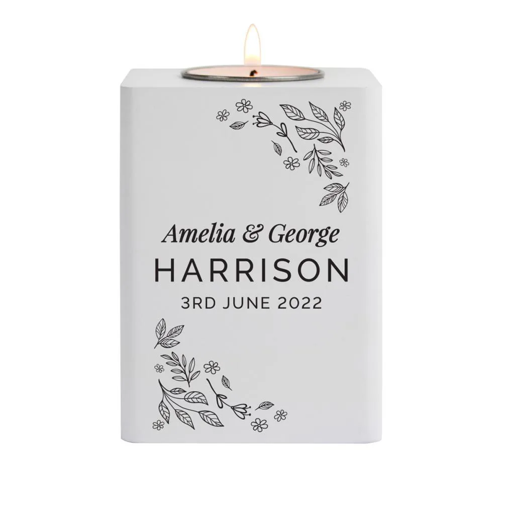 Personalised Floral Leaf White Wooden Tea Light Holder