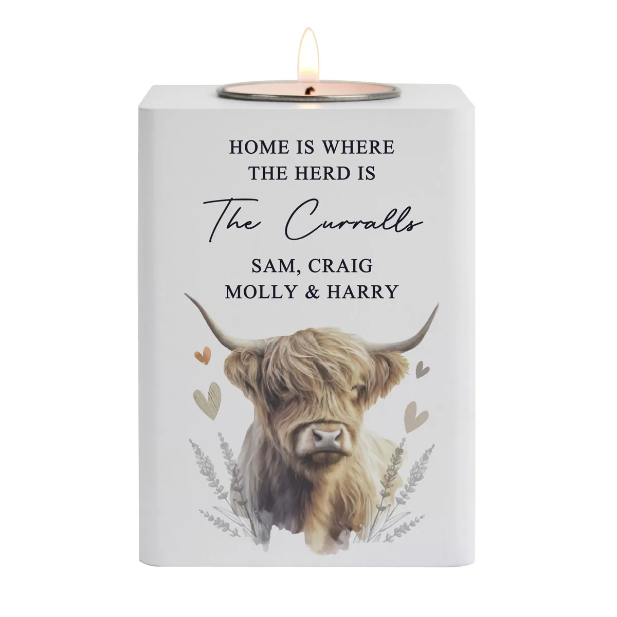 Personalised Highland Cow Wooden Tea Light Holder