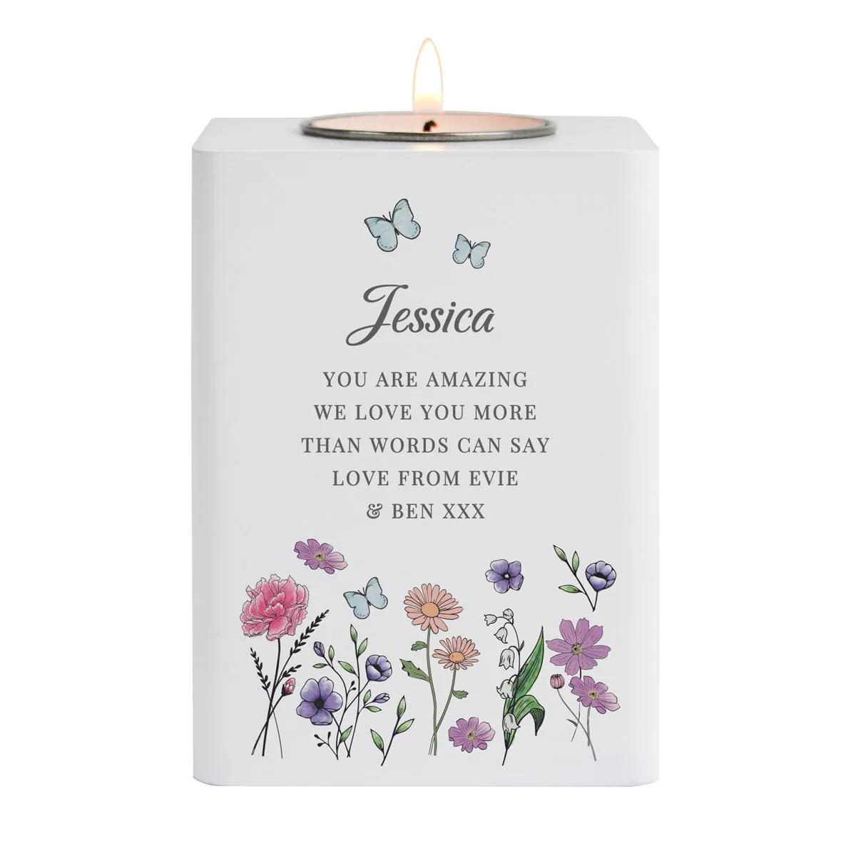 Personalised Wild Flowers Wooden Tea Light Holder