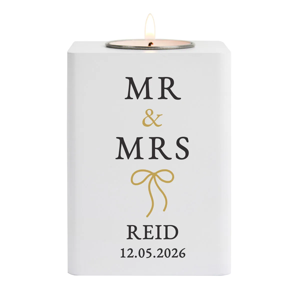 Personalised Black & Gold White Wooden Tea Light Holder