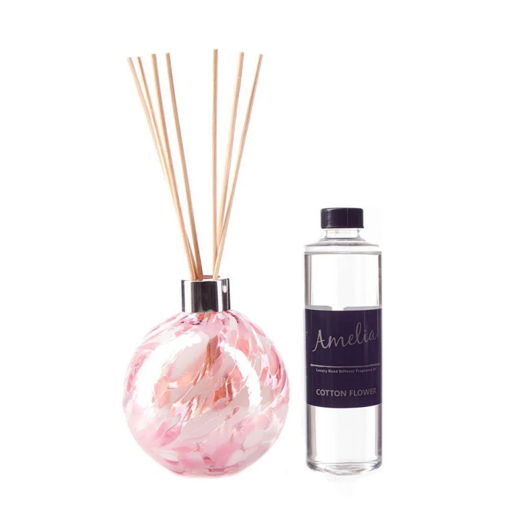 Amelia Art Glass Pink & White Reed Diffuser Gift Set 