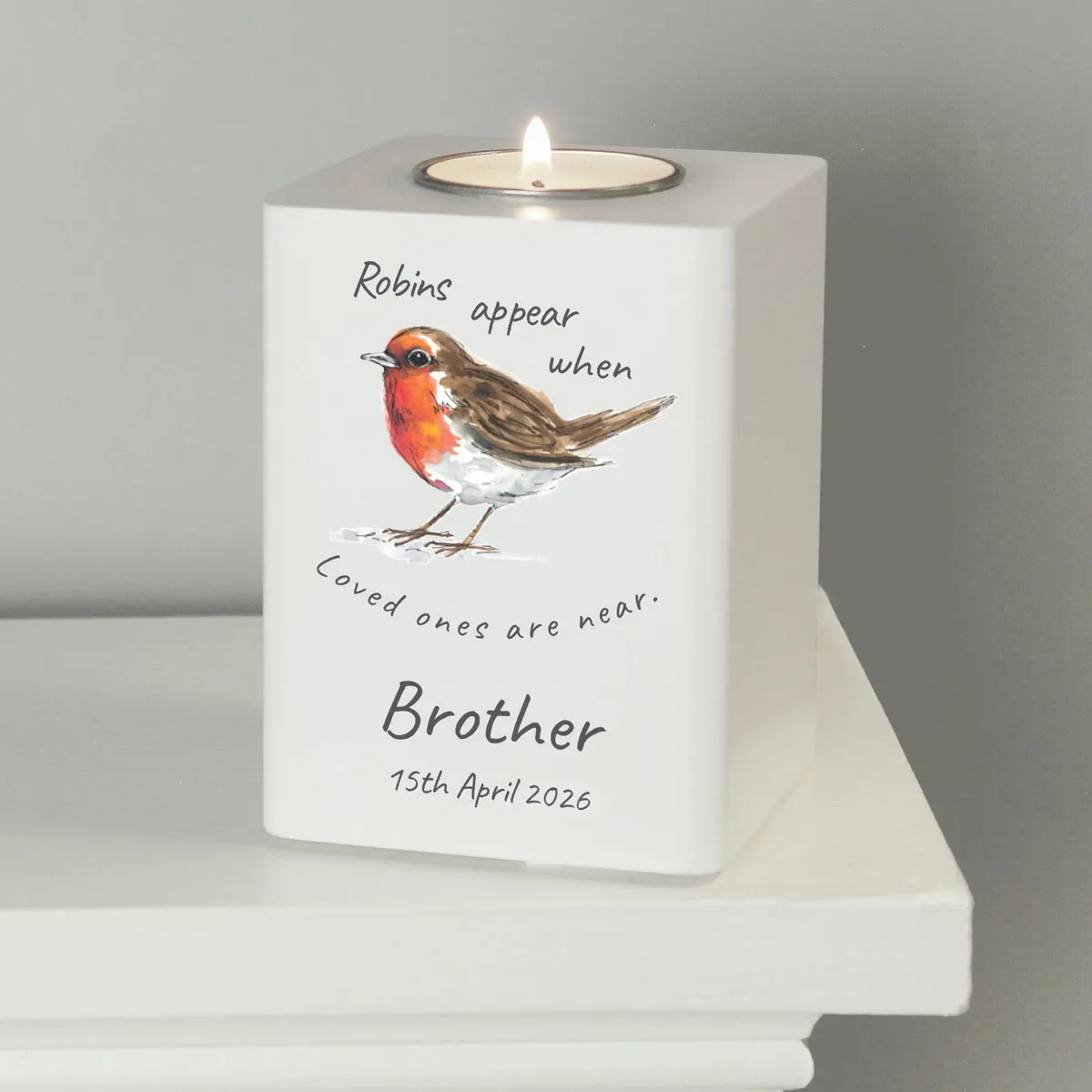 Personalised Robins Appear White Wooden Tea Light Holder Extra Image 1