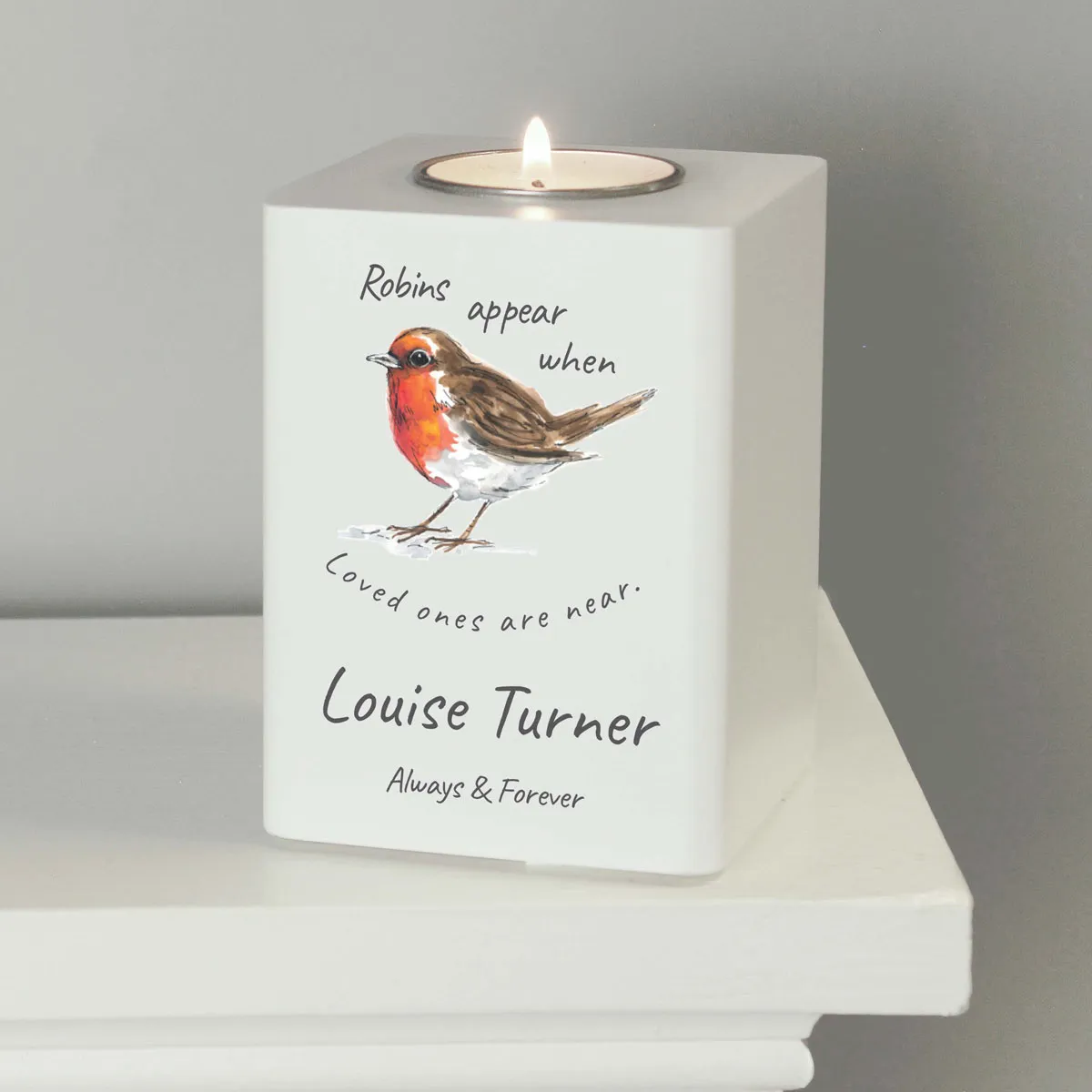 Personalised Robins Appear White Wooden Tea Light Holder Extra Image 2