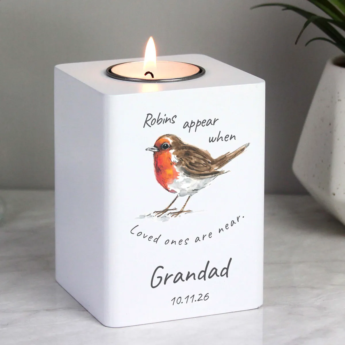 Personalised Robins Appear White Wooden Tea Light Holder Extra Image 3