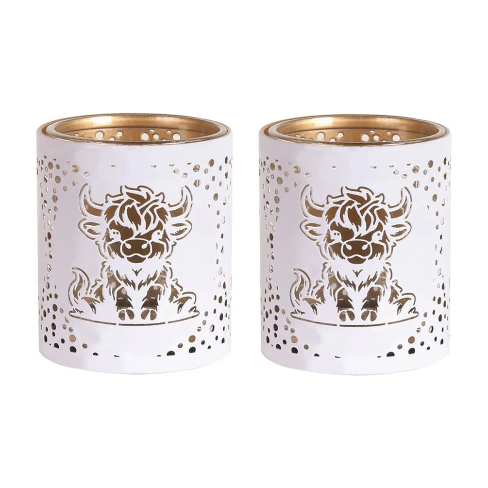 Aroma White & Gold Highland Cow 2 Tealight & Votive Holder Set Extra Image 1