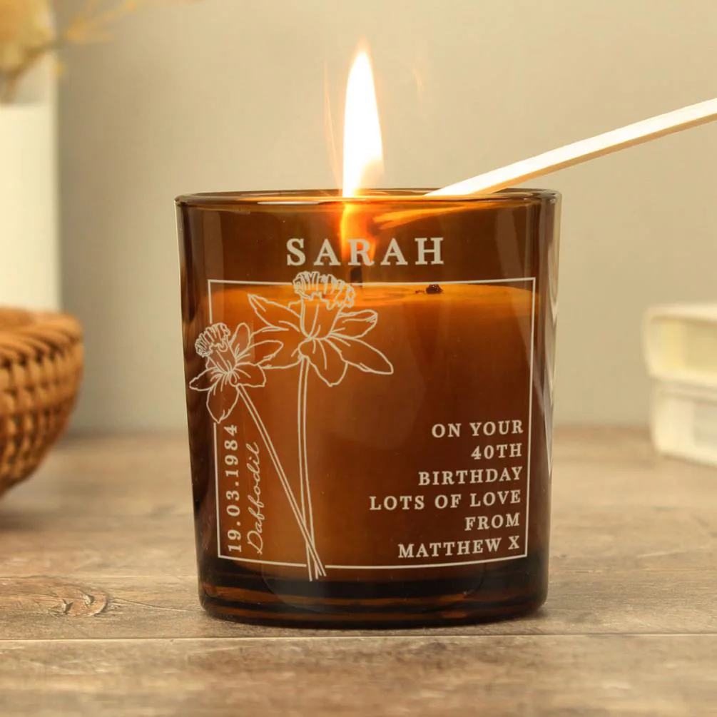 Personalised March Daffodil Birth Flower Amber Glass Jar Candle Extra Image 2