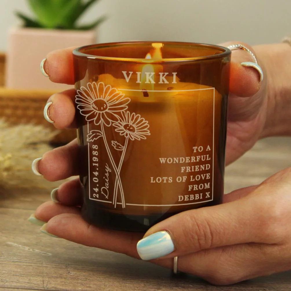 Personalised April Daisy Birth Flower Amber Glass Jar Candle Extra Image 3