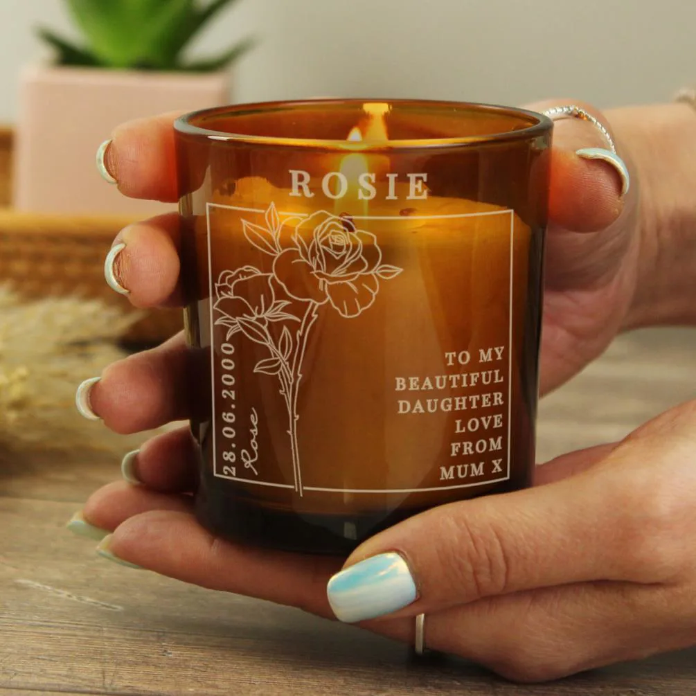 Personalised June Rose Birth Flower Amber Glass Jar Candle Extra Image 3
