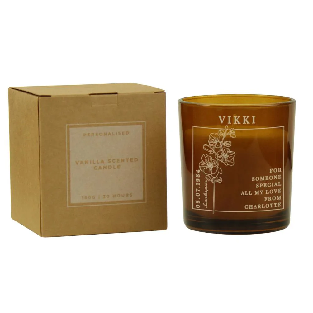 Personalised July Larkspur Birth Flower Amber Glass Jar Candle Extra Image 1