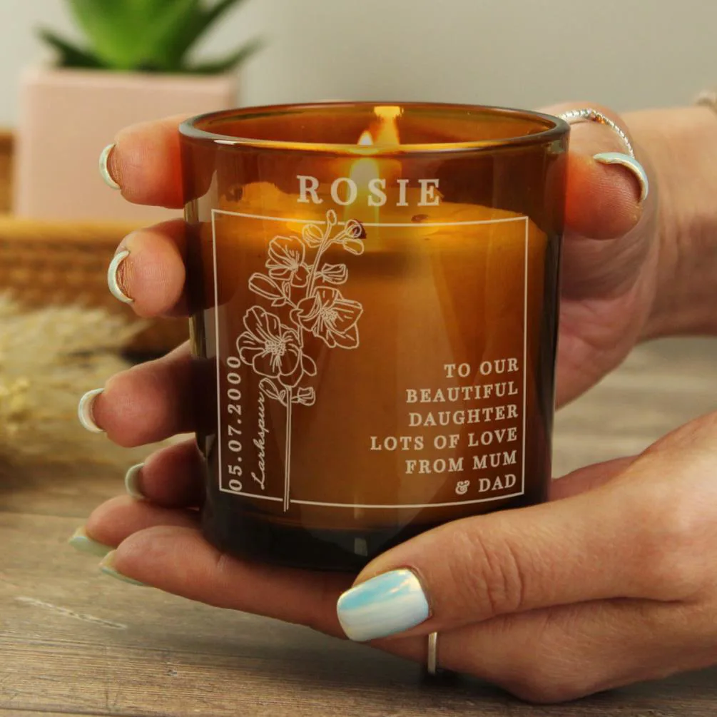 Personalised July Larkspur Birth Flower Amber Glass Jar Candle Extra Image 3