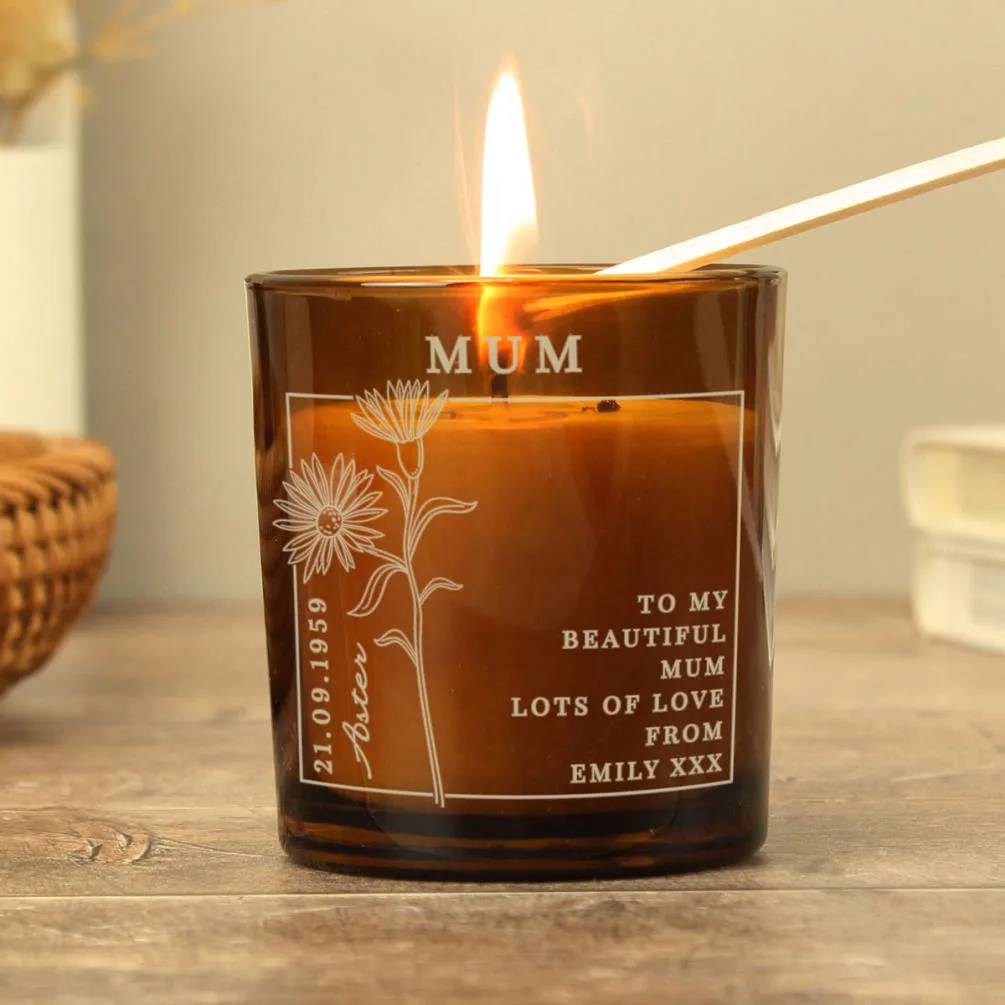 Personalised September Aster Birth Flower Amber Glass Jar Candle Extra Image 2