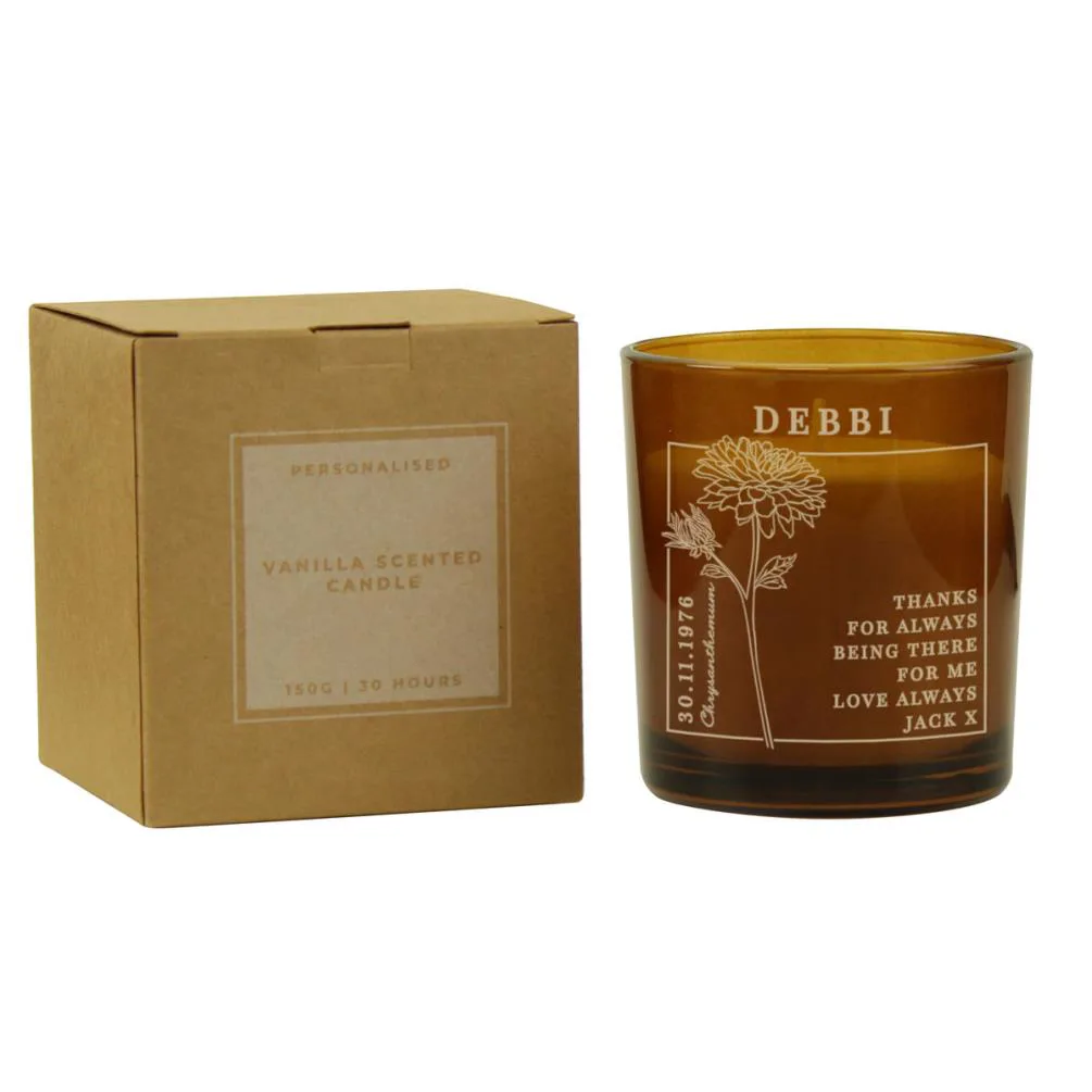 Personalised November Chrysanthemum Birth Flower Amber Glass Jar Candle Extra Image 1