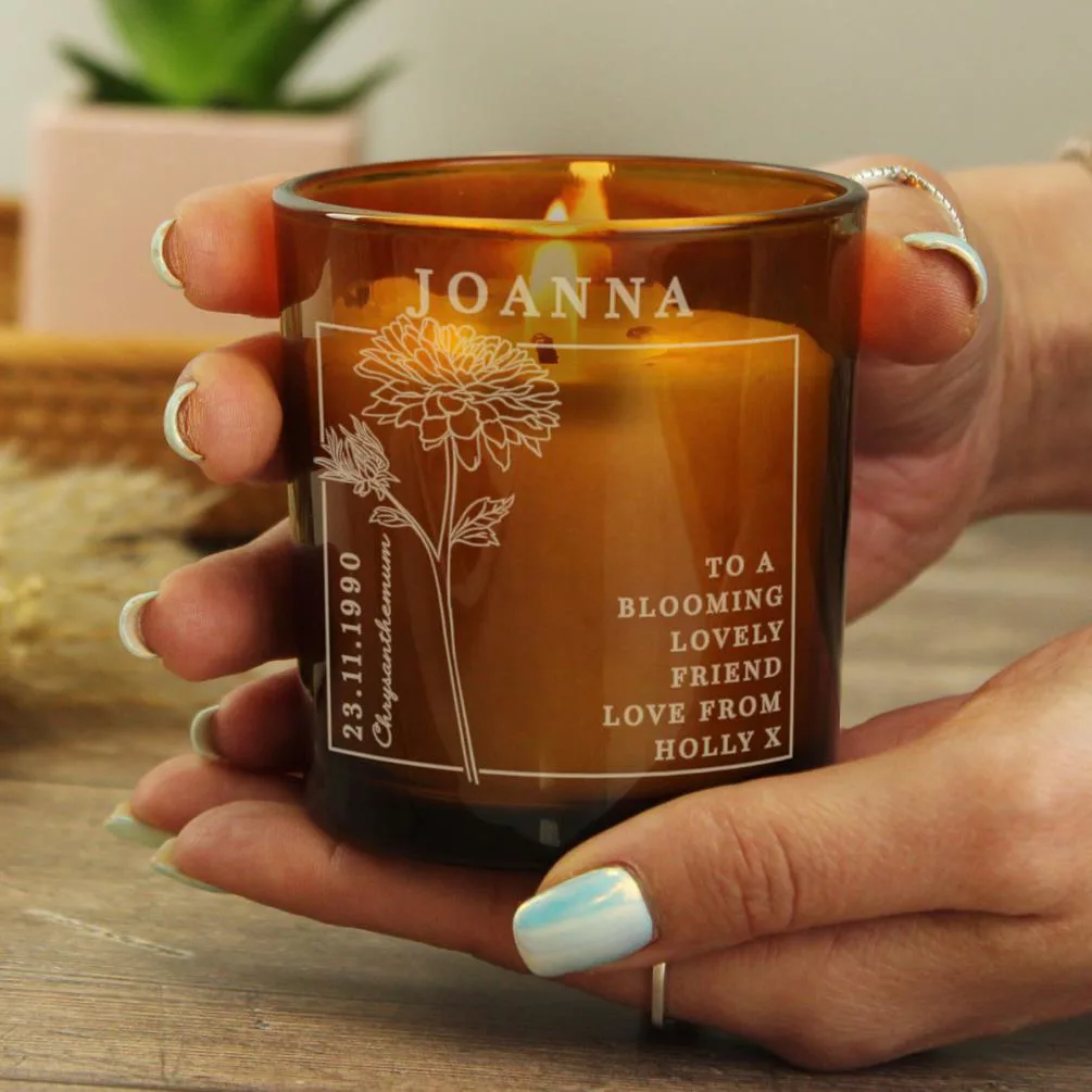 Personalised November Chrysanthemum Birth Flower Amber Glass Jar Candle Extra Image 3