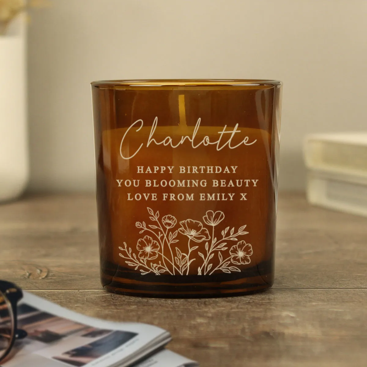 Personalised Wild Flowers Amber Glass Candle Extra Image 1