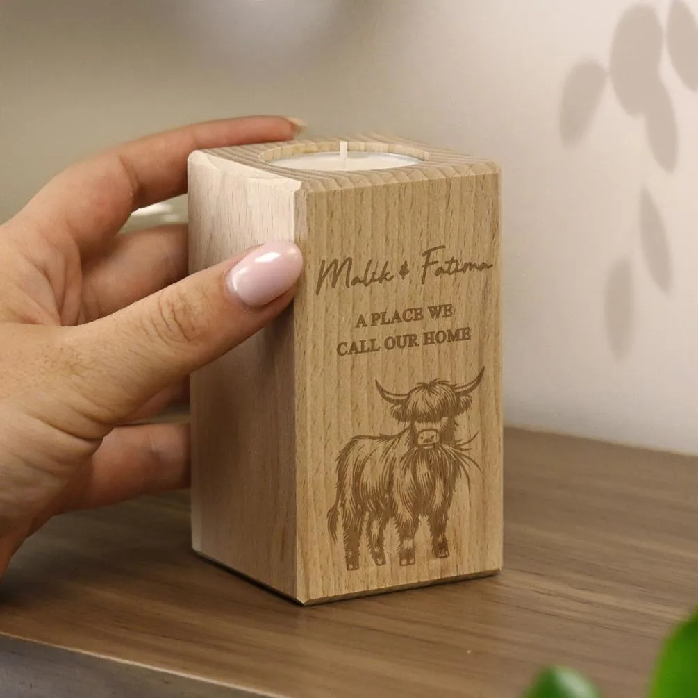 Personalised Highland Cow Wooden Tealight Holder Extra Image 2