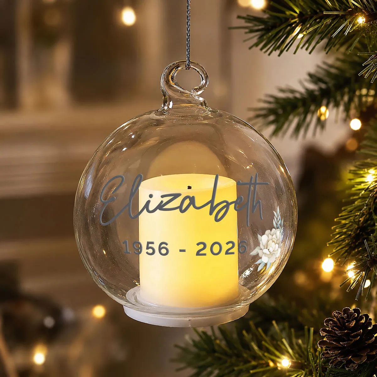 Personalised Floral Memorial LED Candle Bauble Extra Image 1