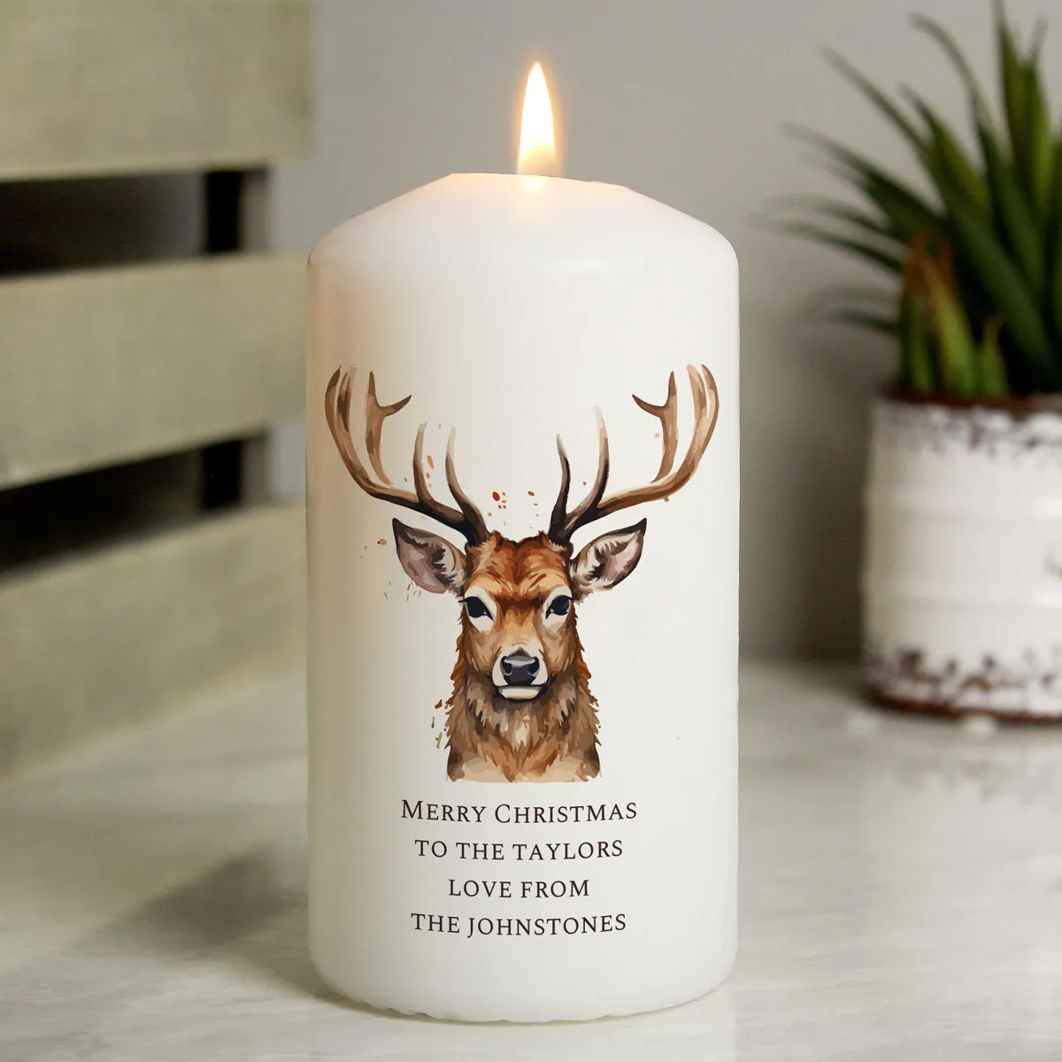 Personalised Watercolour Stag Pillar Candle Extra Image 1