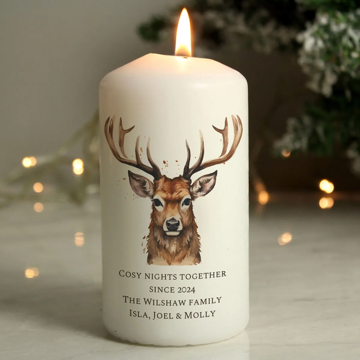 Personalised Watercolour Stag Pillar Candle Extra Image 2