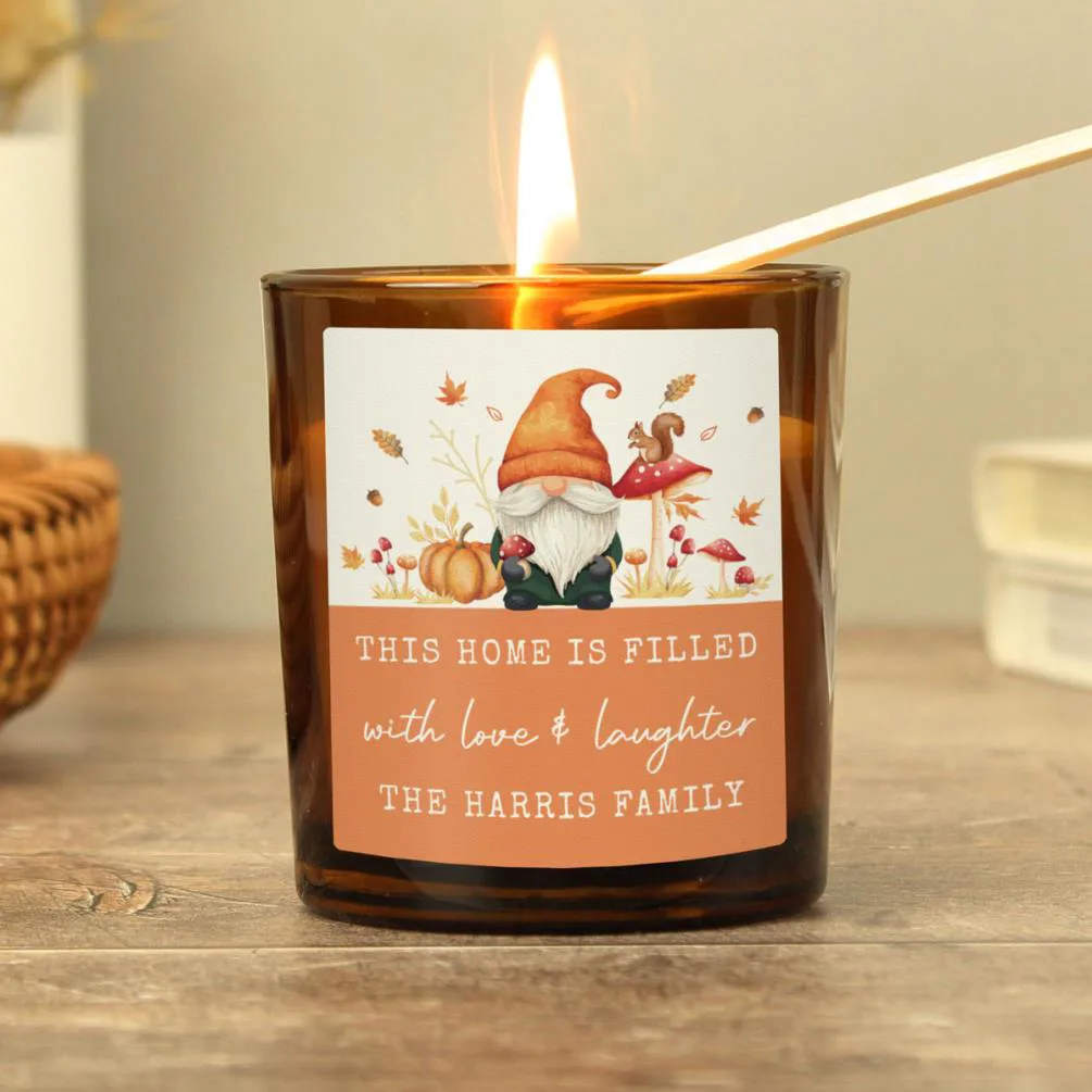 Personalised Autumn Gonk Amber Glass Candle Extra Image 1