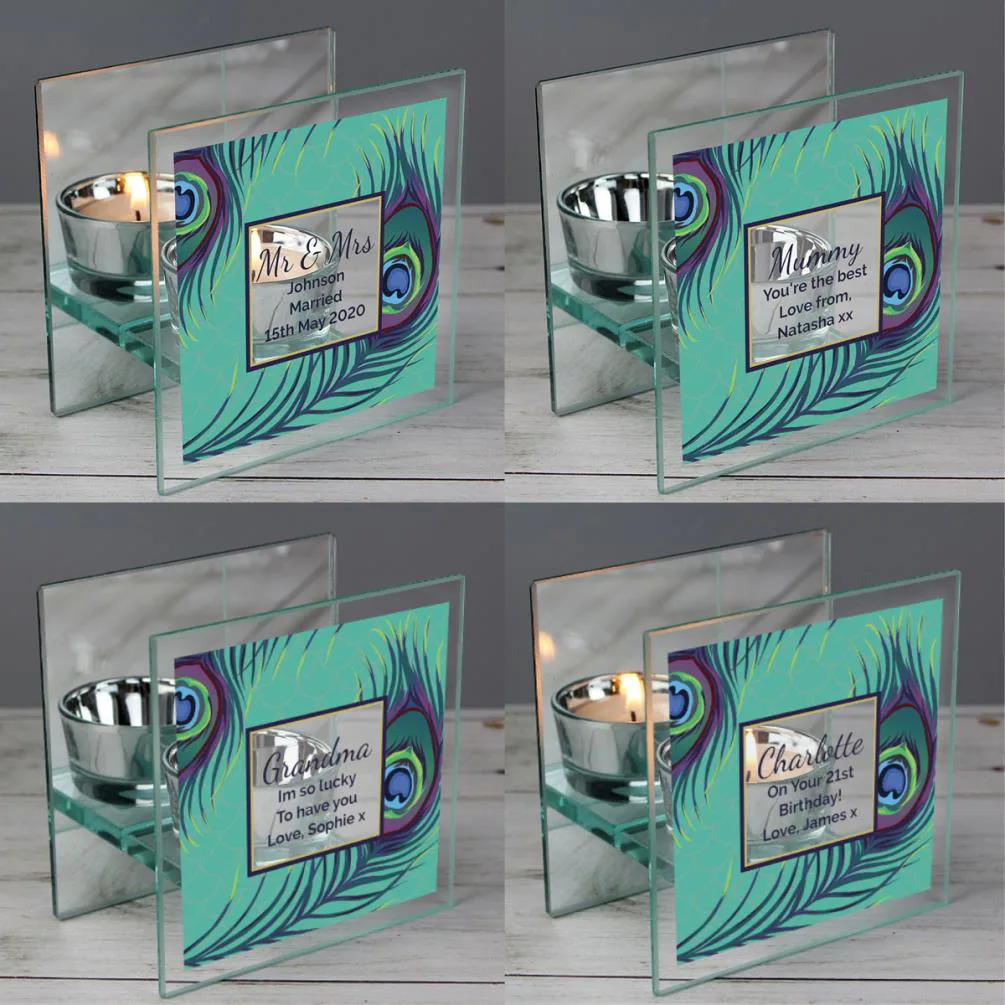 Personalised Peacock Mirrored Glass Tea Light Candle Holder Extra Image 1