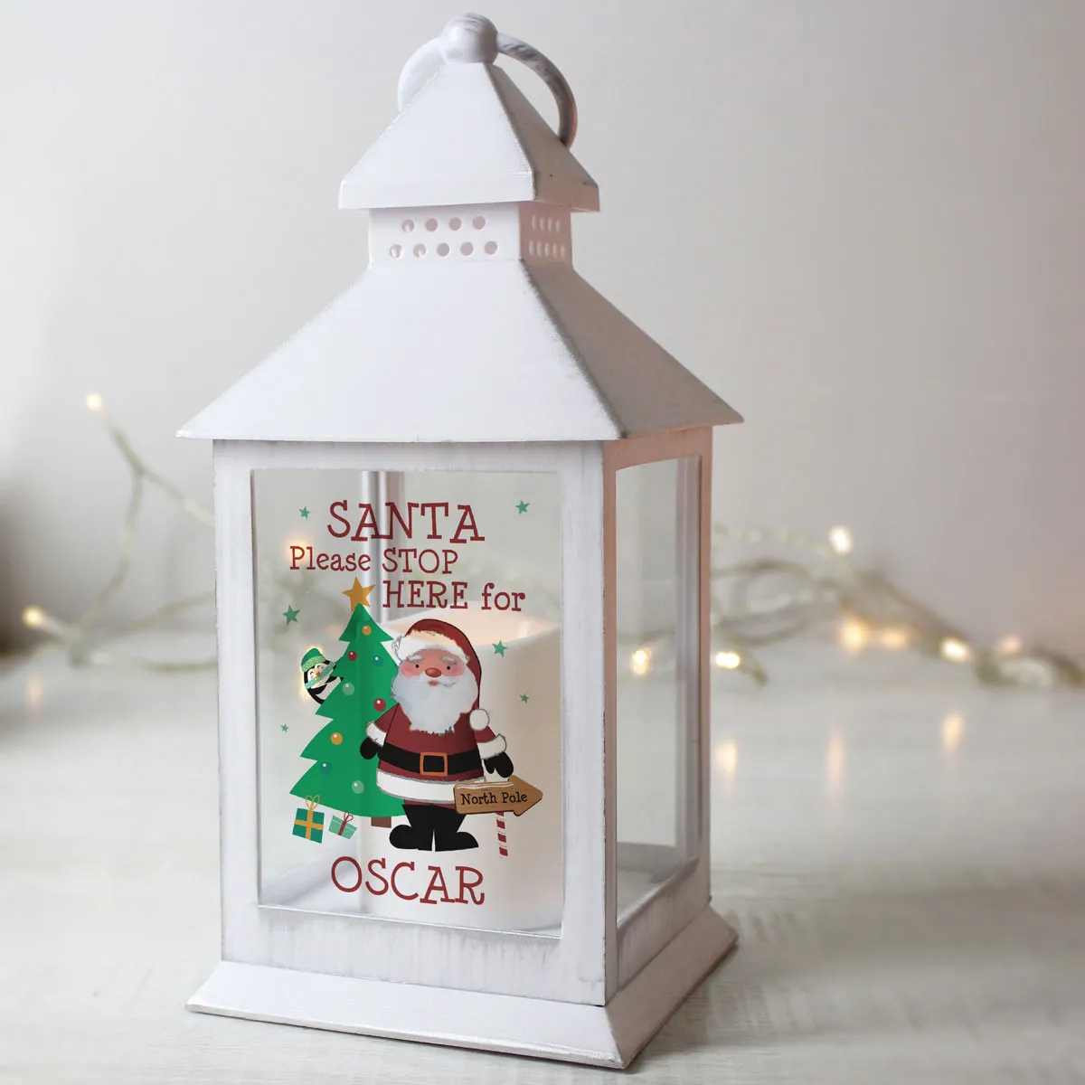 Personalised Santa Stop Here LED White Lantern Extra Image 1