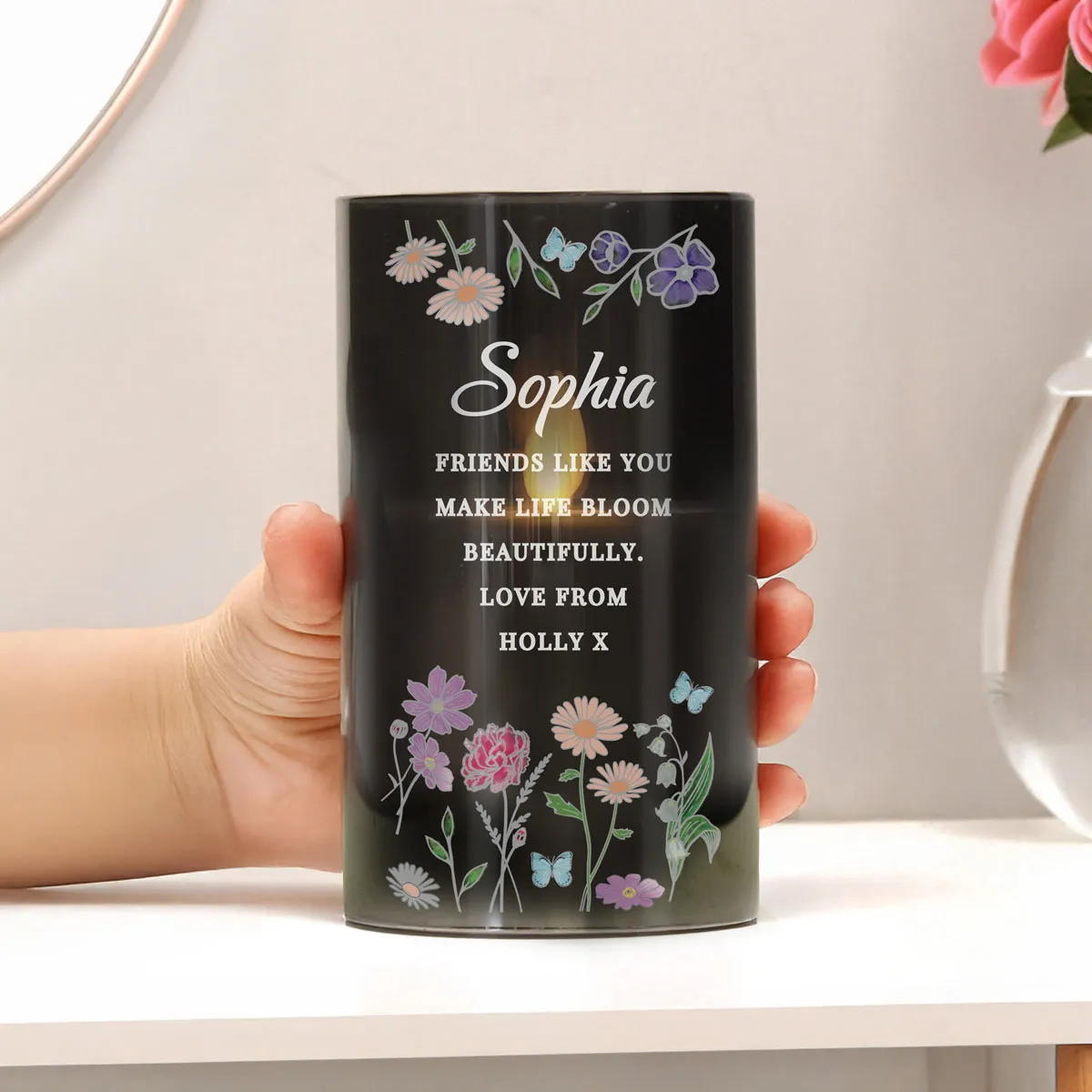 Personalised Wild Flowers Smoked Glass LED Candle Extra Image 2