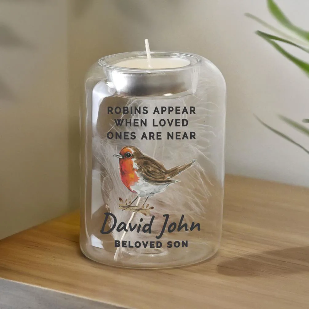 Personalised Robin Memorial Feather Tealight Holder Extra Image 2
