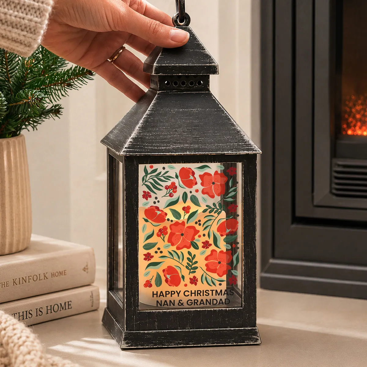 Personalised Poinsettia Black LED Lantern Extra Image 1