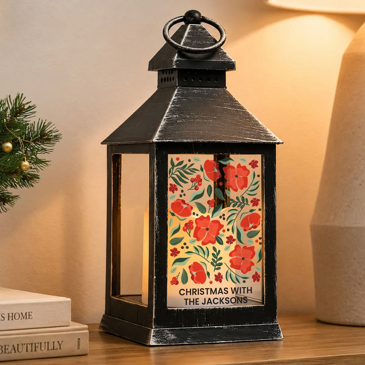 Personalised Poinsettia Black LED Lantern Extra Image 2
