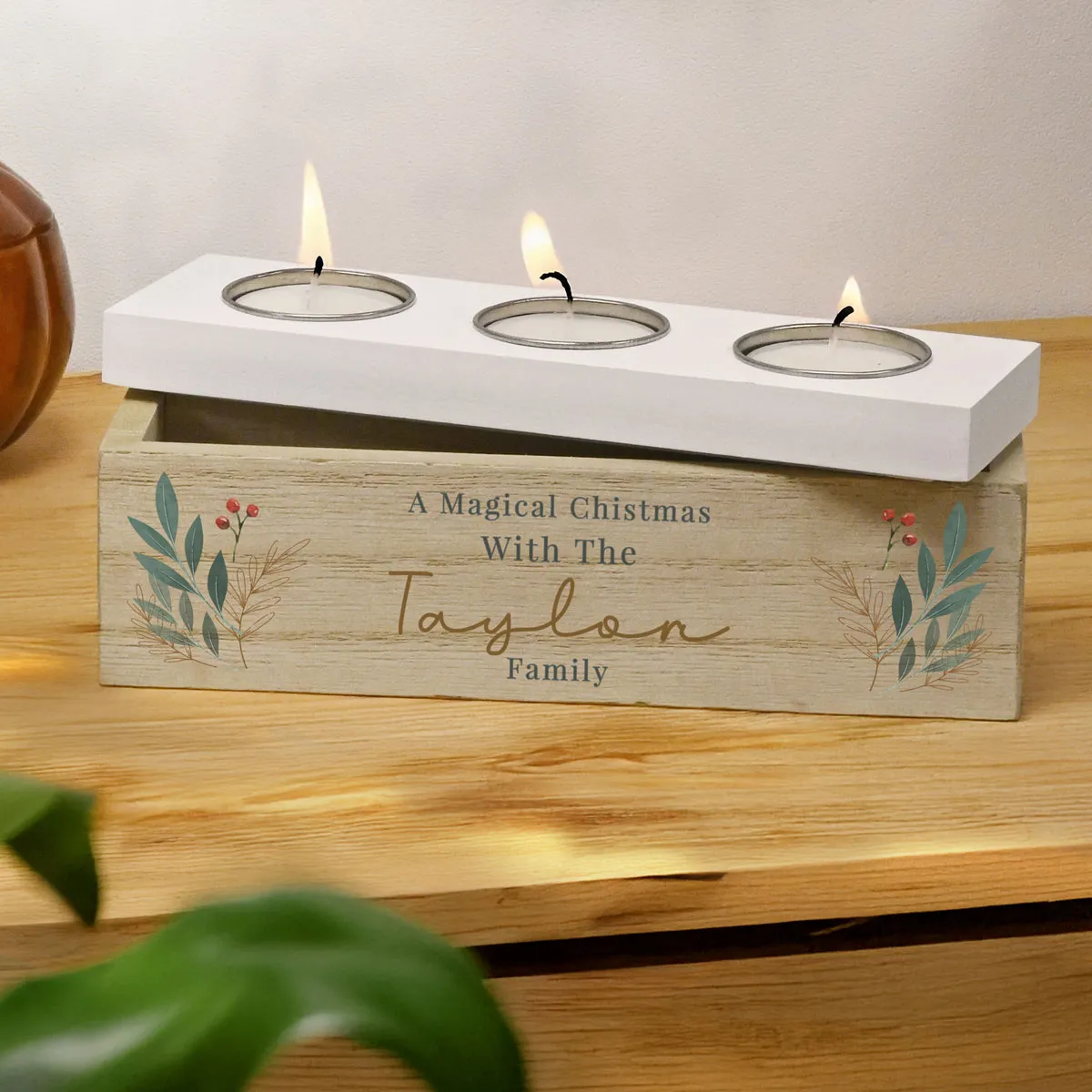 Personalised Christmas Foliage Triple Tea Light Box Extra Image 1