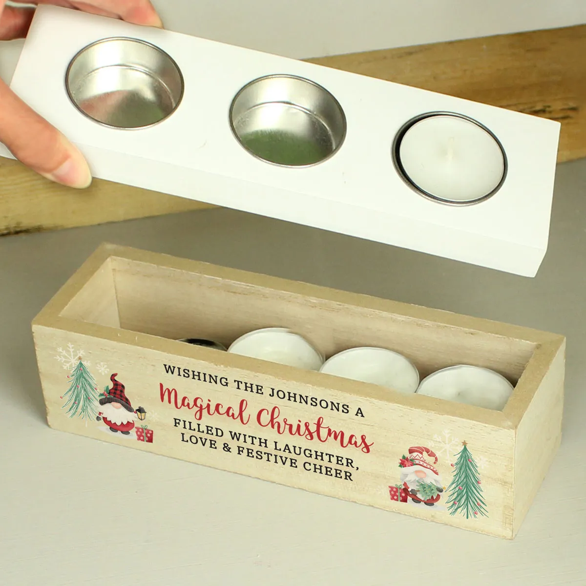Personalised Christmas Gonk Triple Tea Light Box Extra Image 2