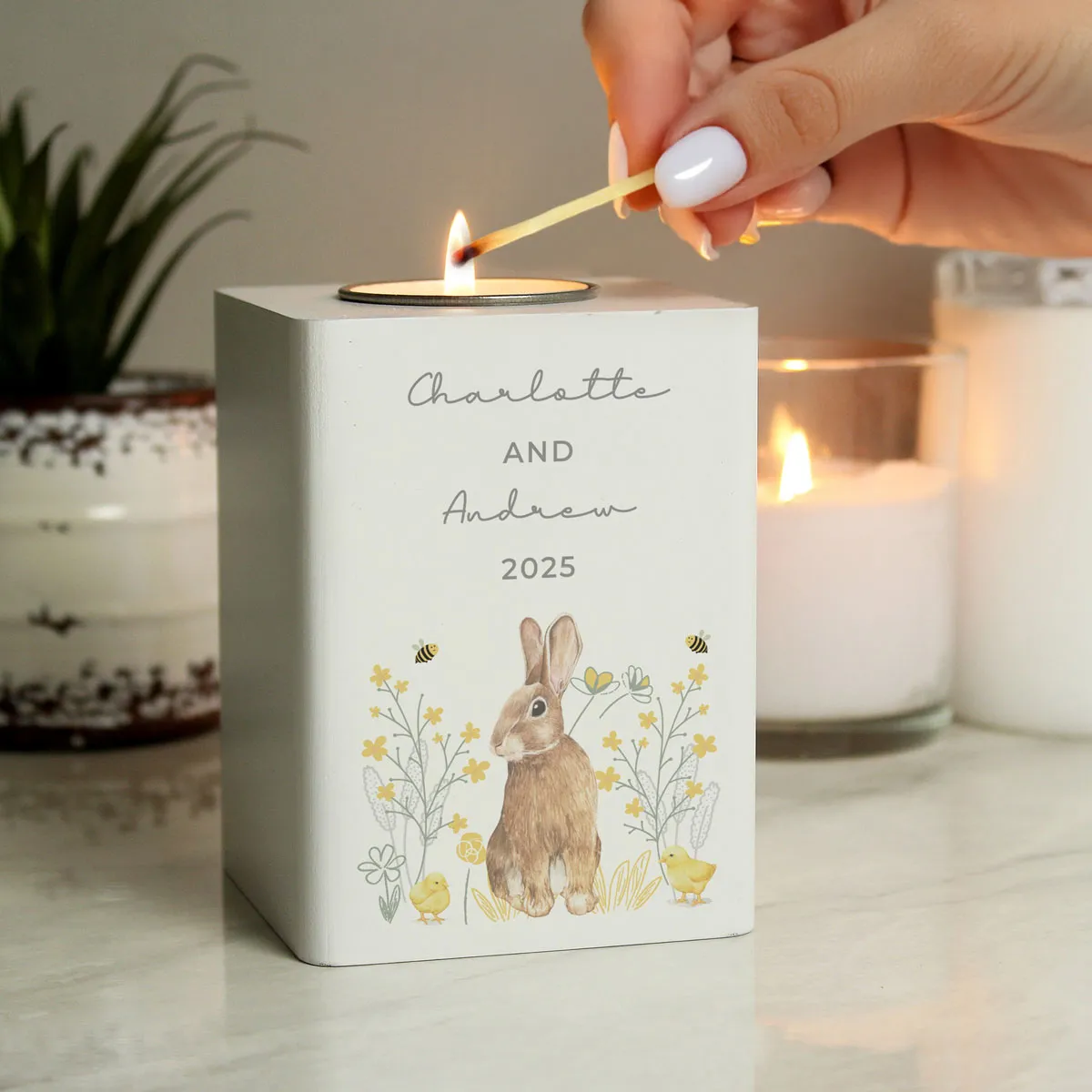 Personalised Spring Bunny Wooden Tea Light Holder Extra Image 2
